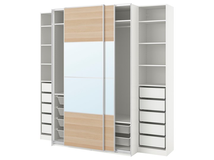 IKEA PAX / MEHAMN/AULI Szafa, biały 2str/dąb bejcowany na biało lustro, 250x66x236 cm Pomieszczenie Garderoba Głębokość 66 cm Drewno Szerokość 250 cm Pomieszczenie Przedpokój