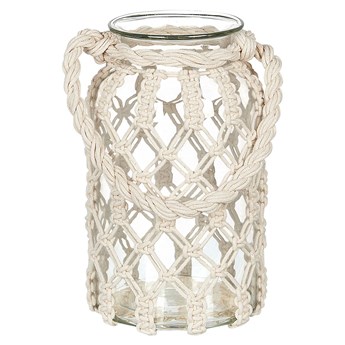 Beliani Lampion dekoracyjny złamana biel szklany 28 x 18 cm makrama plecionka ozdobna słoik latarnia na świecę