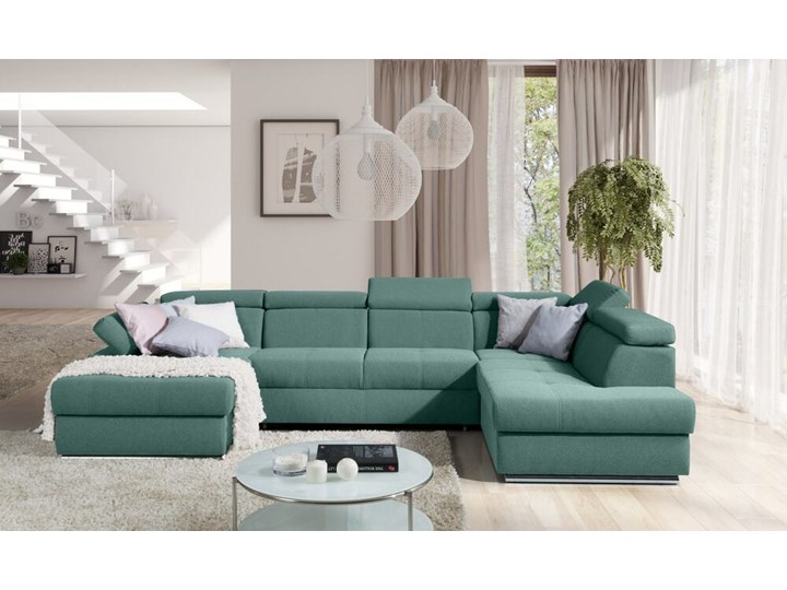 SELSEY Narożnik z funkcją spania Ararip 341 cm U-kształtny z regulowanymi zagłówkami i pojemnikiem zielony welur hydrofobowy prawostronny Wysokość 95 cm Rozkładanie Rozkładany Głębokość 200 cm Wysokość 45 cm Prawostronne Funkcje Z pojemnikiem na pościel