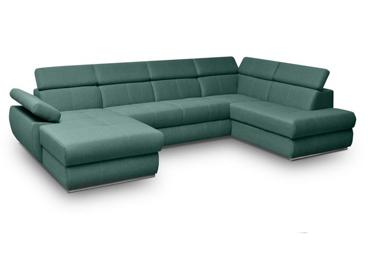 SELSEY Narożnik z funkcją spania Ararip 341 cm U-kształtny z regulowanymi zagłówkami i pojemnikiem zielony welur hydrofobowy prawostronny Wysokość 45 cm Wysokość 95 cm Głębokość 200 cm Materiał obicia Tkanina Prawostronne Funkcje Z pojemnikiem na pościel