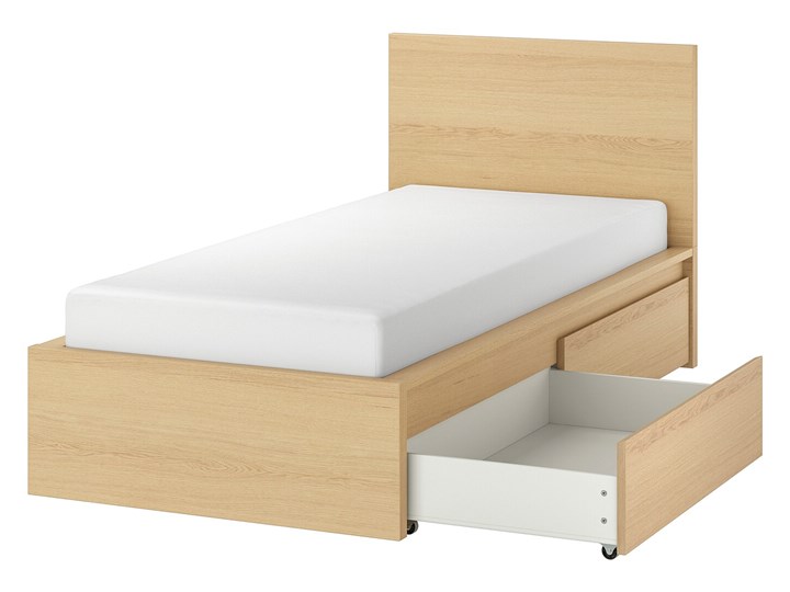 IKEA MALM Rama łóżka z 2 pojemnikami, Okleina dębowa bejcowana na biało, 90x200 cm Drewno Pojemnik na pościel Z pojemnikiem Łóżko drewniane Kategoria Łóżka do sypialni