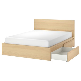 IKEA MALM Rama łóżka z 2 pojemnikami, Okleina dębowa bejcowana na biało, 140x200 cm