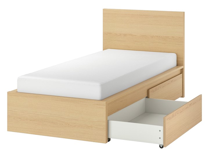IKEA MALM Rama łóżka z 2 pojemnikami, Okleina dębowa bejcowana na biało, 90x200 cm Z szufladą Neutralne Pojedyncze Kategoria Łóżka dla dzieci