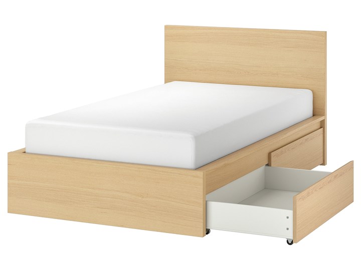 IKEA MALM Rama łóżka z 2 pojemnikami, Okleina dębowa bejcowana na biało, 120x200 cm Drewno Łóżko drewniane Pojemnik na pościel Z pojemnikiem