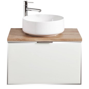 Biała szafka łazienkowa z blatem dąb classic Sanitti Delta 70 front szklany