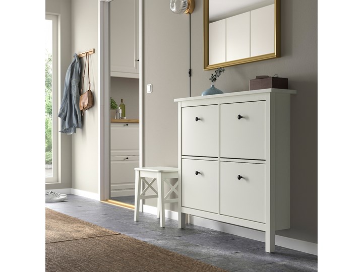 IKEA HEMNES Szafka na buty, 4 przegrody, biały, 107x22x101 cm Płyta MDF Głębokość 22 cm Tworzywo sztuczne Szerokość 107 cm Drewno Płyta meblowa Płyta laminowana Styl Tradycyjny