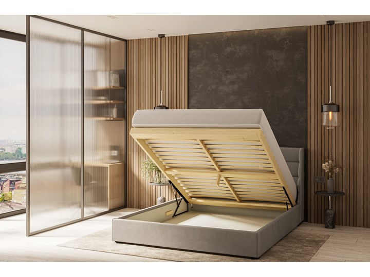 Otis łóżko tapicerowane 160x200 jasnoszary welur z otwieranym pojemnikiem Kategoria Łóżka do sypialni