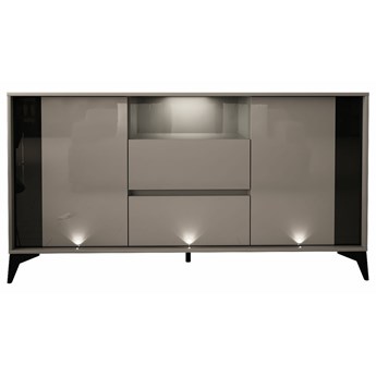 SELSEY Komoda dwudrzwiowa Kovlar 160 cm z dwiema szufladami szara / szary połysk z led