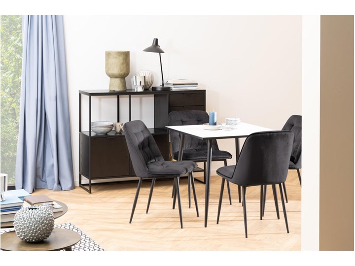 Stół biały blat czarne metalowe nogi 80x80 cm Płyta laminowana Pomieszczenie Stoły do jadalni Drewno Wysokość 75 cm Styl Minimalistyczny