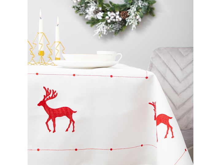 Obrus RODE biały z haftem 150x220 cm - Homla Poliester Prostokątny Wzór Bożonarodzeniowy