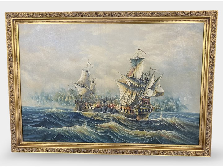 Duży Obraz Olejny Żaglowce Bitwa Statków na Morzu Złota Rama