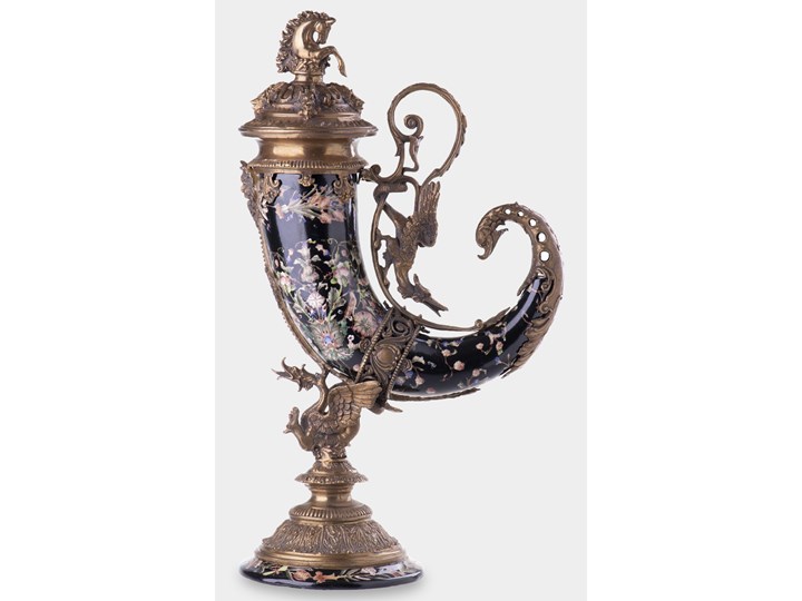 Porcelanowy Róg Obfitości Czarny w Kwiaty Cornucopia okuta Brązem