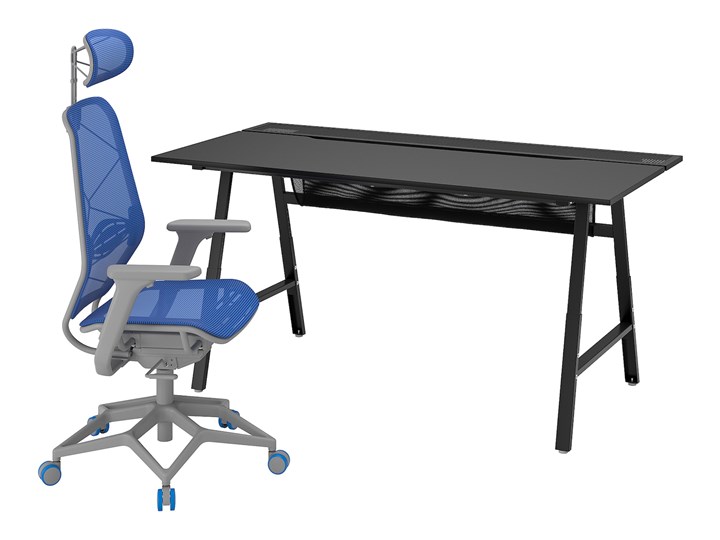IKEA UTESPELARE / STYRSPEL Biurko gamingowe i krzesło, Czarny niebieski/jasnoszary
