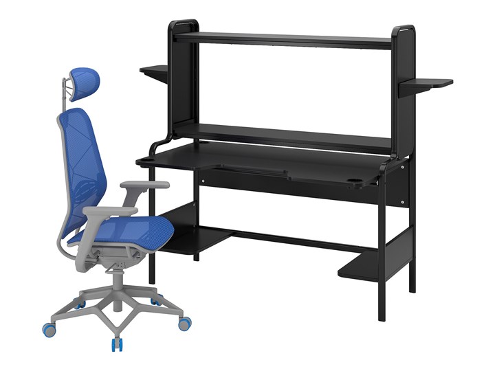IKEA FREDDE / STYRSPEL Biurko gamingowe i krzesło, Czarny niebieski/jasnoszary Kategoria Zestawy mebli do sypialni