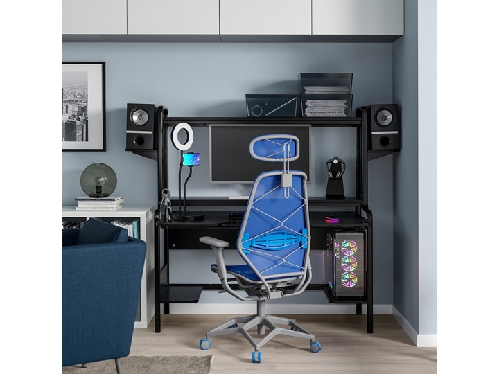 IKEA FREDDE / STYRSPEL Biurko gamingowe i krzesło, Czarny niebieski/jasnoszary Kategoria Zestawy mebli do sypialni