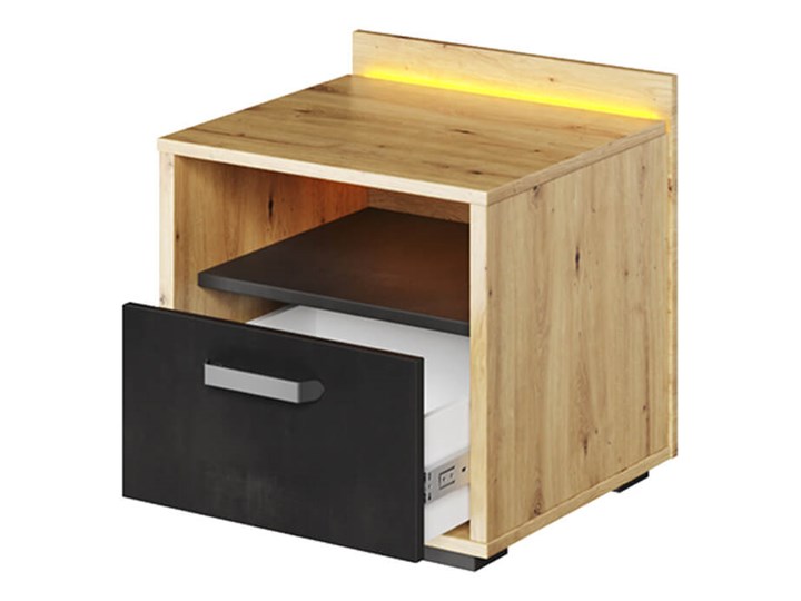 Stolik nocny QUBIC QB-10 dąb artisan/silk flu/raw steel Głębokość 42 cm Szerokość 45 cm Wysokość 47 cm Metal Płyta laminowana Płyta meblowa Drewno Płyta MDF Kolor Czarny Kategoria Szafki nocne