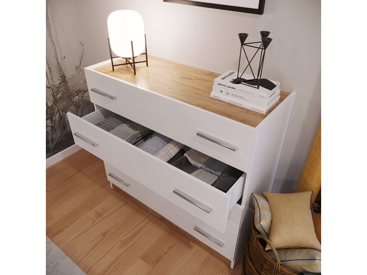 Stolik nocny DENTO DT-03 biały / dąb stirling Kolor Szary Głębokość 40 cm Płyta laminowana Płyta meblowa Szerokość 40 cm Drewno Płyta MDF Wysokość 35 cm Styl Nowoczesny
