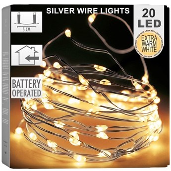 Lampki druciki świąteczne wewnętrzne na baterie srebrne ciepły biały 20 led 95 cm kod: O-839277