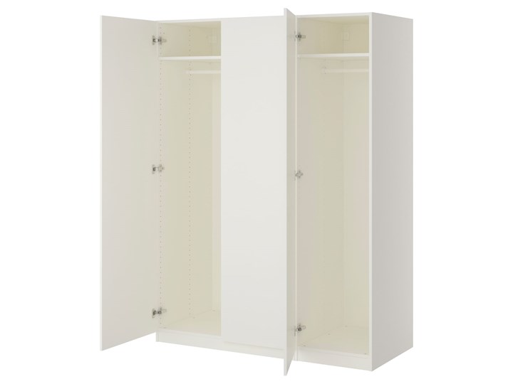 IKEA PAX / FORSAND Szafa, biały/biały, 150x60x201 cm Płyta laminowana Tworzywo sztuczne Wysokość 201,2 cm Szerokość 150 cm Głębokość 60 cm Stal Plastik Metal Ilość drzwi Trzydrzwiowe