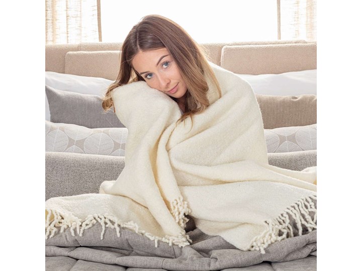 Pled Boucle 140x200cm white cream, 140 x 200 cm 140x200 cm Wełna Koc Poliester Wzór Z frędzlami