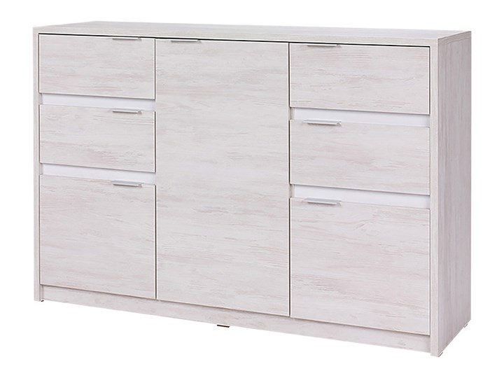 SELSEY Komoda Rikno trzydrzwiowa z czterema szufladami Dąb biały / Biały połysk Szerokość 135 cm Głębokość 40 cm Wysokość 90 cm Pomieszczenie Garderoba