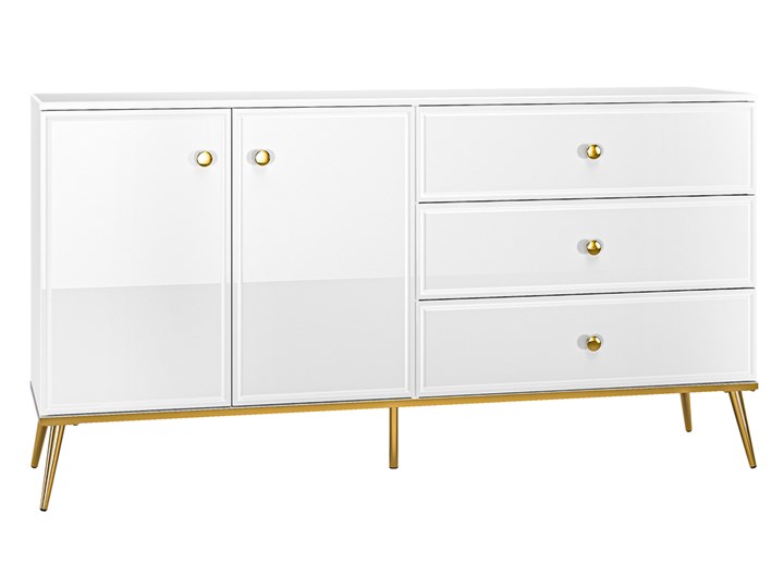 SELSEY Komoda dwudrzwiowa Darrby 160 cm z trzema szufladami biała/biały połysk ze złotymi nogami Wysokość 85 cm Z szafkami Głębokość 40 cm Płyta MDF Styl Glamour Kategoria Komody