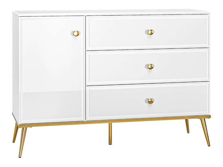 SELSEY Komoda jednodrzwiowa Darrby 120 cm z trzema szufladami biała/biały połysk ze złotymi nogami Płyta MDF Styl Glamour Wysokość 85 cm Głębokość 40 cm Wykończenie Mat