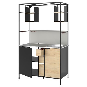 IKEA ÄSPINGE Mini kuchnia, czarny/jesion, 120x60x202 cm