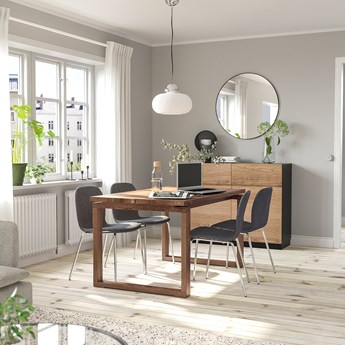 IKEA MÖRBYLÅNGA / KARLPETTER Stół i 4 krzesła, okl dęb brązowa bejca/Gunnared średni szary chrom, 140x85 cm