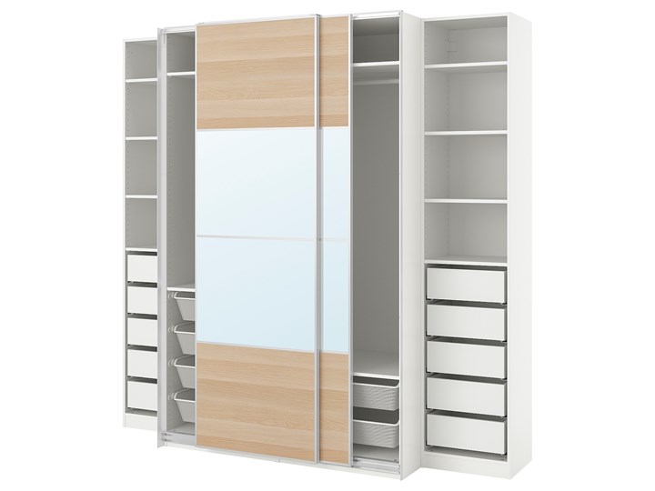 IKEA PAX / MEHAMN/AULI Szafa, biały 2str/dąb bejcowany na biało lustro, 250x66x236 cm Kolor Beżowy Drewno Szerokość 250 cm Głębokość 66 cm Kategoria Szafy do garderoby