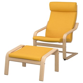 IKEA POÄNG Fotel/podnóżek, okleina dębowa bejcowana na biało/Skiftebo żółty