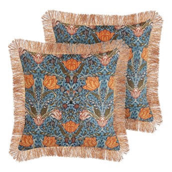 Beliani Zestaw 2 poduszek dekoracyjnych niebiesko-pomarańczowe bawełna 45 x 45 cm welur w kwiaty frędzle z wypełnieniem salon sypialnia