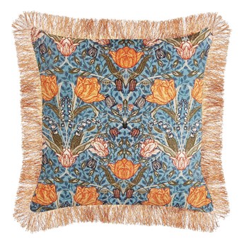 Beliani Poduszka dekoracyjna niebiesko-pomarańczowa bawełna 45 x 45 cm welur w kwiaty frędzle z wypełnieniem salon sypialnia