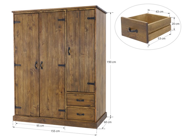 Szafa drewniana trzydrzwiowa Rustyk Drewno Głębokość 60 cm Stal Szerokość 155 cm Wysokość 190 cm Metal Styl Nowoczesny