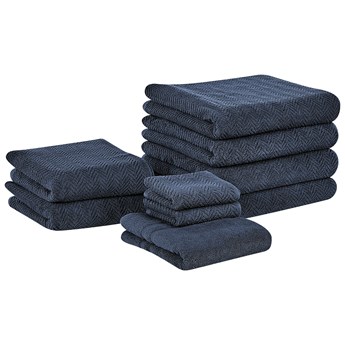 Beliani Komplet 9 ręczników łazienkowych ciemnoniebieski baweła frotte wzór w jodełkę do kąpieli ręczniki dla gości do rąk mata łazienkowa
