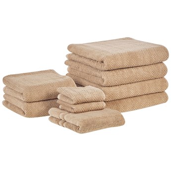 Beliani Komplet 9 ręczników łazienkowych beżowy baweła frotte wzór w jodełkę do kąpieli ręczniki dla gości do rąk mata łazienkowa