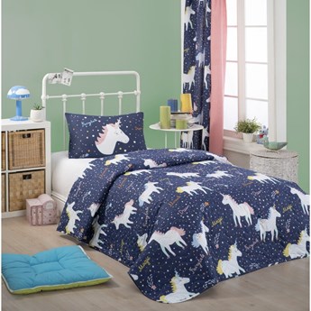 Zestaw narzuty na łóżko i poszewki na poduszkę z domieszką bawełny Eponj Home Magic Unicorn Dark Blue, 160x220 cm