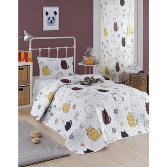 Zestaw narzuty na łóżko i poszewki na poduszkę z domieszką bawełny Eponj Home Hello Cats White, 160x220 cm