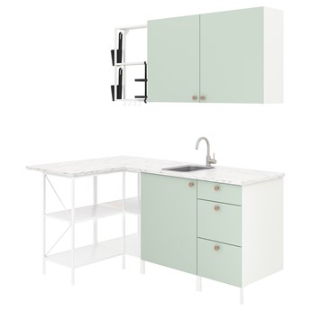 IKEA ENHET Kuchnia narożna, biały/blady szaro-zielony, Wysokość szafka wisząca: 75 cm