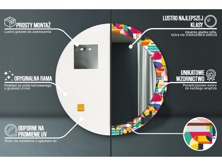 Lustro dekoracyjne okrągłe Geometryczne tropikalne ptaki fi 80 cm Ścienne Kategoria Lustra