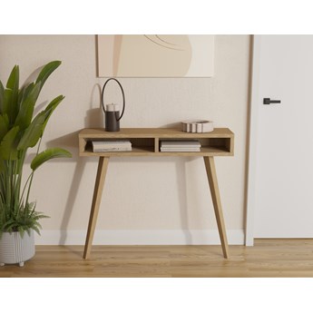 Wąska drewniana konsola o głębokości 25 cm z półkami, styl industrialny