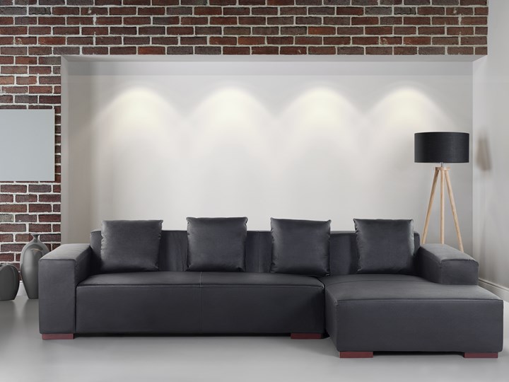 Sofa Narożna L Skórzana Drewniane Nóżki Głęboka Czerń Lungo