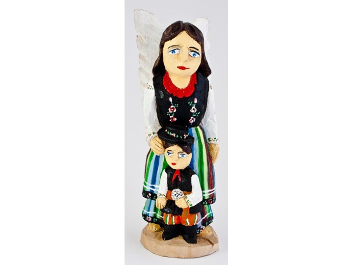Drewniany anioł stróż z chłopczykiem w łowickim stroju 33 cm