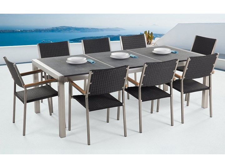 Zestaw mebli ogrodowych jadalniany szary stół granit/bazalt 220 x 100 cm 8 czarnych krzeseł z technorattanu sztaplowanych Stoły z krzesłami Stal Zawartość zestawu Krzesła Kategoria Zestawy mebli ogrodowych