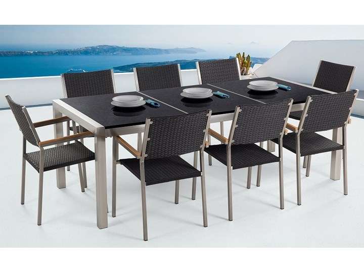 Zestaw mebli ogrodowych jadalniany czarny stół granit/bazalt 220 x 100 cm 8 krzeseł z technorattanu sztaplowanych Stoły z krzesłami Stal Styl Nowoczesny