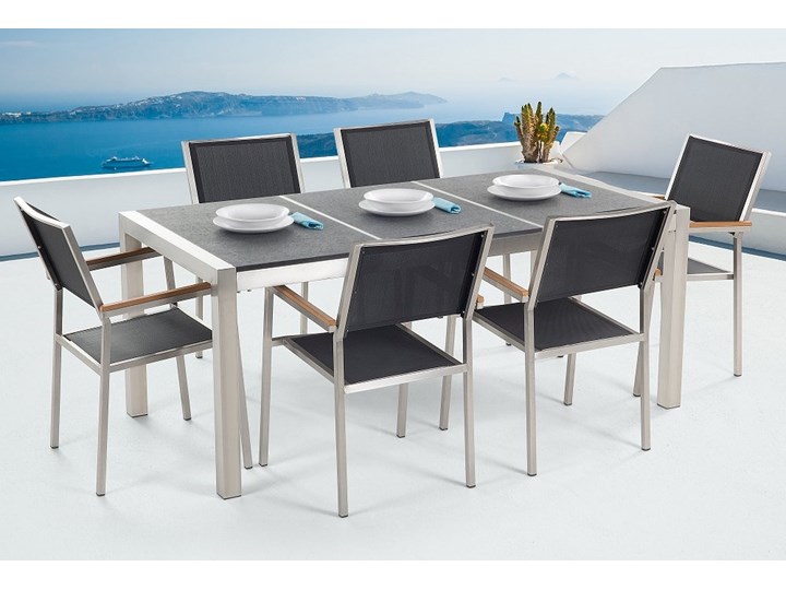 Zestaw mebli ogrodowych jadalniany czarny palony stół granit/bazalt 180 x 90 cm 6 krzeseł tekstylnych sztaplowanych Stal Stoły z krzesłami Styl Nowoczesny Tworzywo sztuczne Kolor Szary