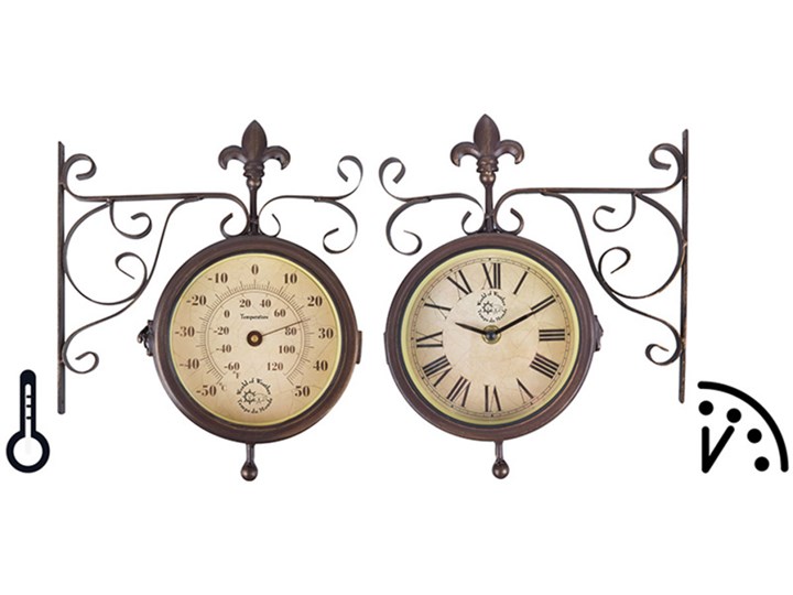 Esschert Design Zegar dworcowy z termometrem, TF005 Nieregularny Zegar ścienny Styl Vintage Tworzywo sztuczne Metal Szerokość 25 cm Kategoria Zegary