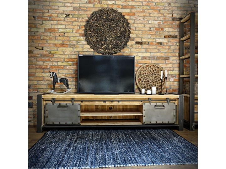 Szafka RTV loft industrialna szeroka FACTORY SOSNA 5 Drewno Stal Płyta MDF Styl Industrialny