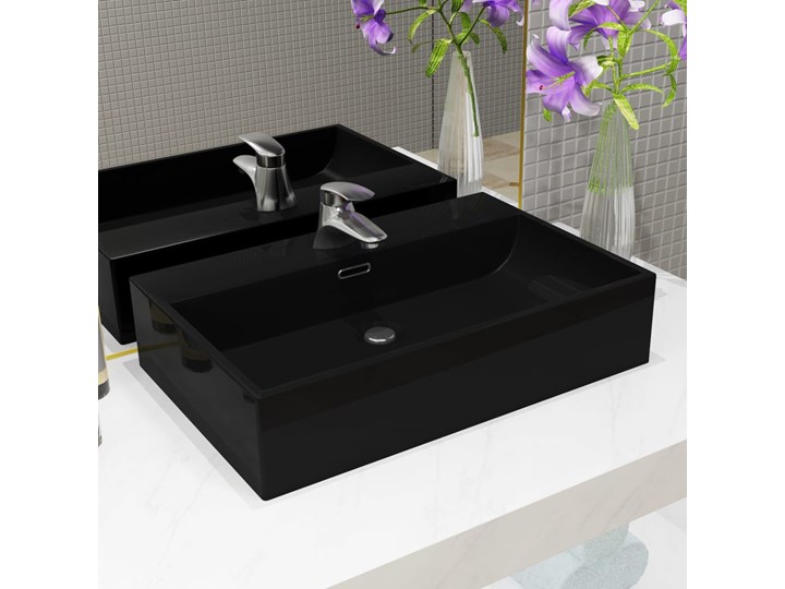 vidaXL Umywalka z ceramiki z otworem na kran 60,5x42,5x14,5 cm, czarna Szkło Szerokość 61 cm Ceramika Kolor Czarny