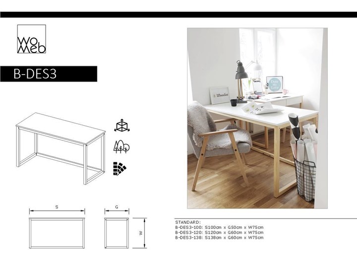 Nowoczesne biurko DES3 w stylu skandynawskim Drewno Sosna Głębokość 66 cm Szerokość 100 cm Styl Nowoczesny